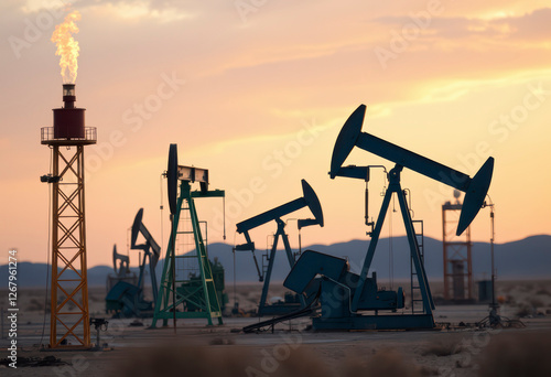 Oil derricks silhouetted against a sunset in the desert illustrate the effects of rising oil prices due to ongoing conflicts globally.