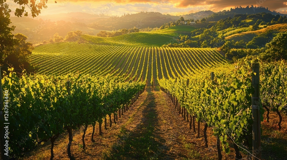 Fototapeta premium National Geographic Lush vineyard on rolling hills, bathed in golden evening sunlight.