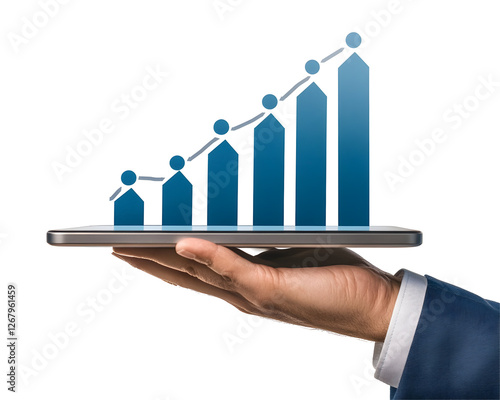 A businessperson's hand holding a tablet displaying financial growth charts and steady progress.
