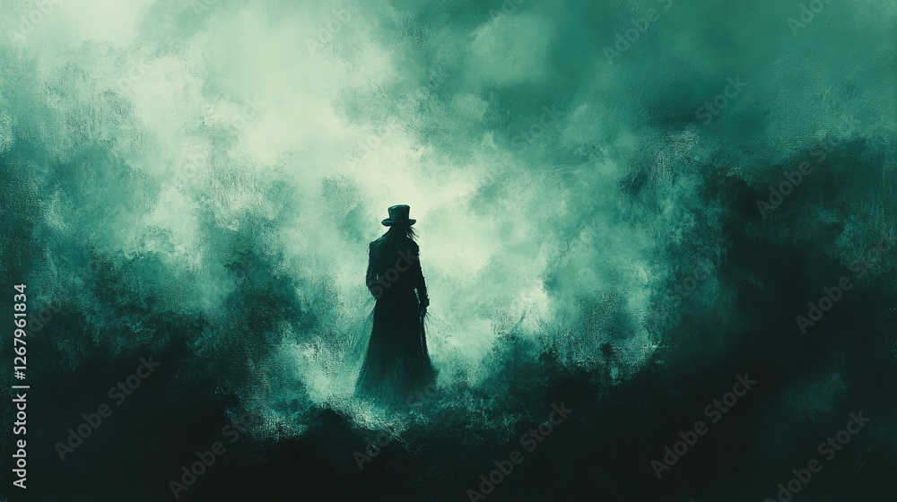 Mysterious figure in dark coat, shrouded in fog Mysterious figure in dark coat, shrouded in fog