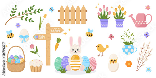 Cute Easter set. Spring collection of animals, flowers and decorations. Design for poster, card, scrapbooking , stickers. Vector illustration