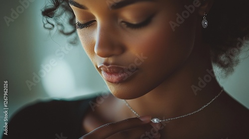 Woman adjusting necklace, indoor, soft light, calm mood, jewelry advert