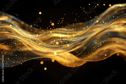 Golden waves of shimmering particles flow gracefully on a transparent background, creating an elegant and luxurious abstract image.