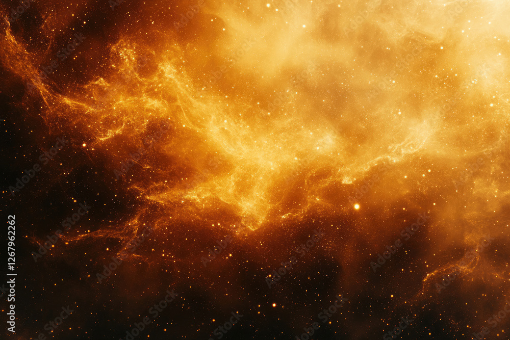 Fototapeta premium A vibrant nebula, glowing orange and gold, speckled with distant stars in a cosmic scene.