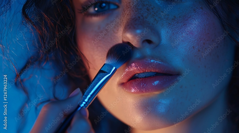 Fototapeta premium Woman applying makeup, close-up, blue light, beauty