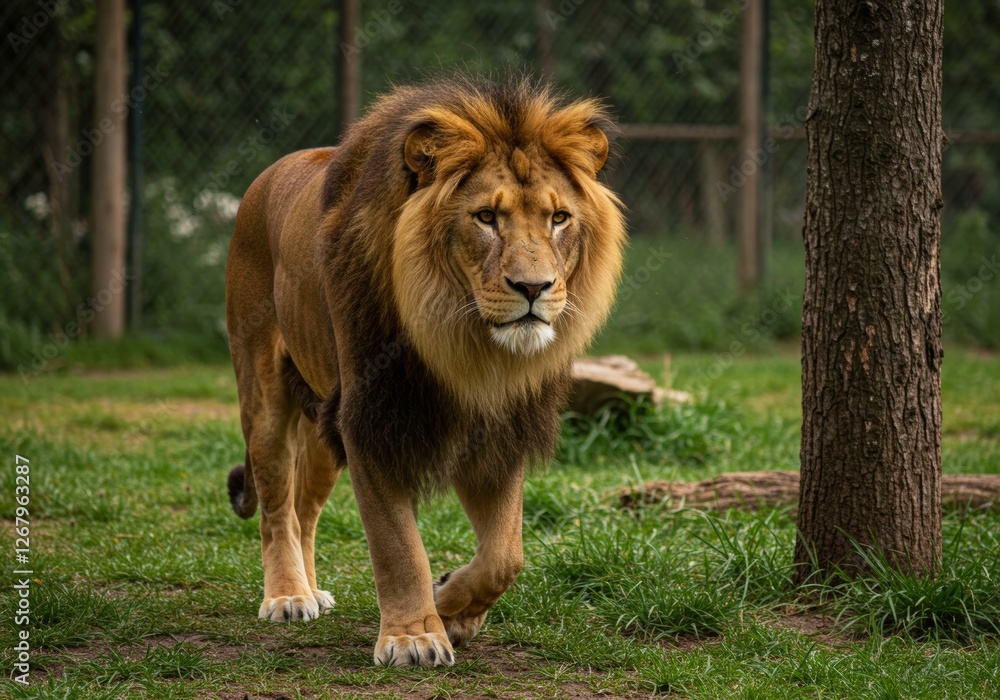 Photograph of a male lion walking on a grassy field, with a tree trunk on the right side, featuring a thick, dark mane and a muscular body, captured with a shallow depth of field and natural lighting. Photograph of a male lion walking on a grassy field, with a tree trunk on the right side, featuring a thick, dark mane and a muscular body, captured with a shallow depth of field and natural lighting.
