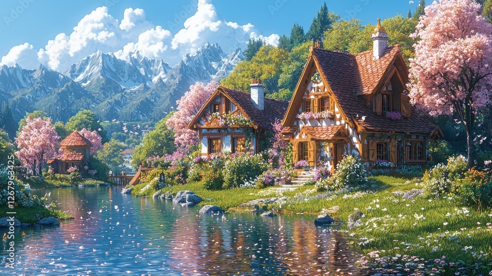 Fototapeta premium Charming Cottages Beside Serene Lake And Majestic Mountains