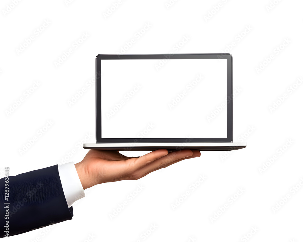 A close-up of a male hand holding a laptop with a blank screen, showcasing modern workspace technology. A close-up of a male hand holding a laptop with a blank screen, showcasing modern workspace technology.