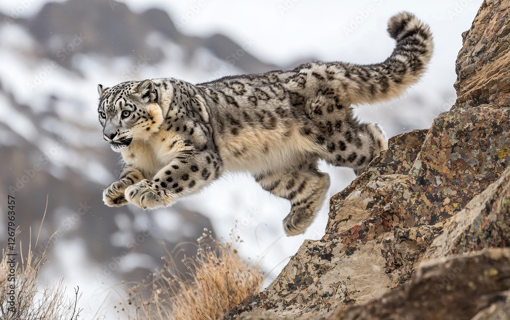 National Geographic Majestic Snow Leopard leaping between jagged cliffs, its thick fur blending into the icy Himalayan landscape National Geographic Majestic Snow Leopard leaping between jagged cliffs, its thick fur blending into the icy Himalayan landscape