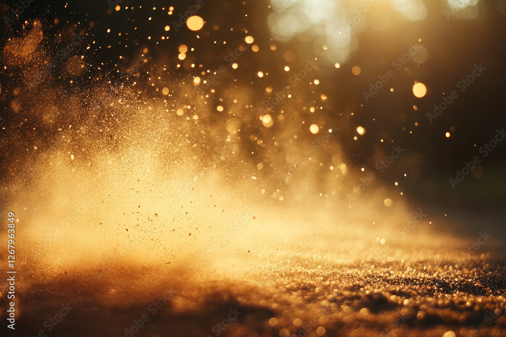 Fototapeta premium Golden dust particles suspended in air, illuminated by warm sunlight, creating a magical, ethereal scene.