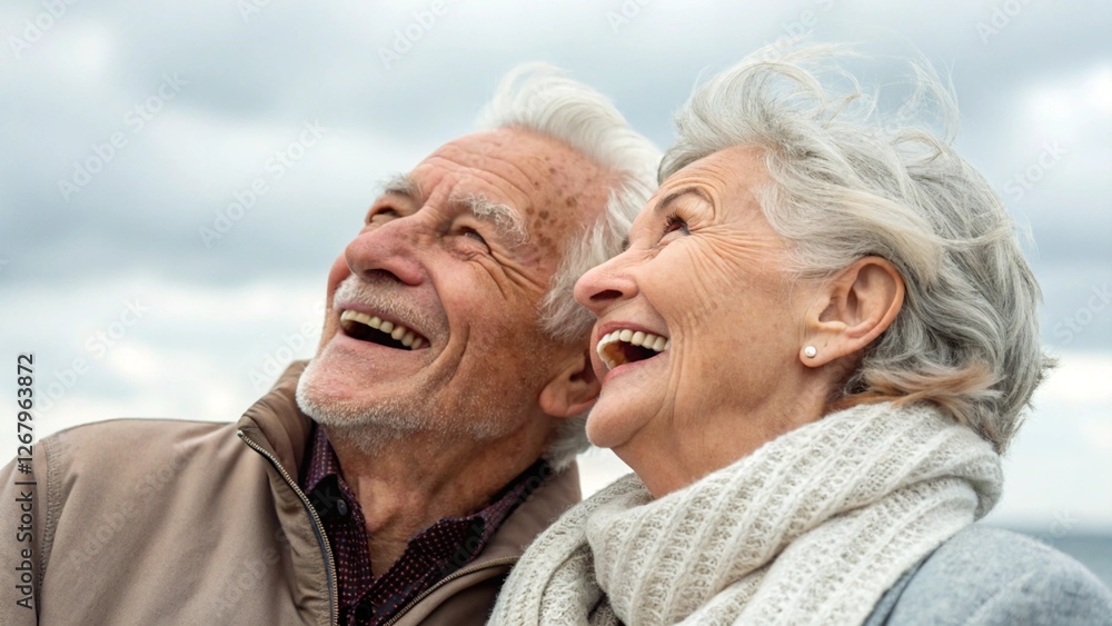 Joyful elderly couple laughing together, faces full of warmth and deep wrinkles telling a lifetime of stories. Ultra-detailed, high-resolution 8K. Joyful elderly couple laughing together, faces full of warmth and deep wrinkles telling a lifetime of stories. Ultra-detailed, high-resolution 8K.