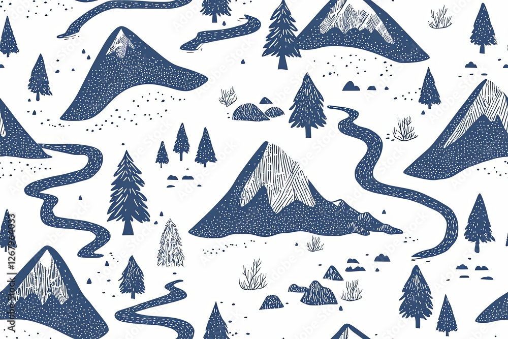 Fototapeta premium Mountains, trees, and rivers, outdoor adventure-themed hand-drawn seamless pattern.