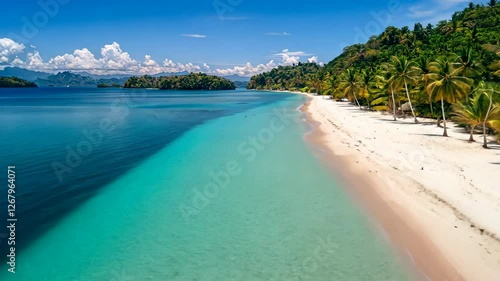 Wallpaper Mural Aerial View of Serene Tropical Beach with Turquoise Water and Palm Trees Under Clear Blue Sky Torontodigital.ca