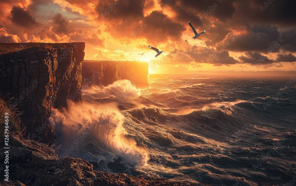 Fototapeta premium National Geographic style, a dramatic coastal cliffside with massive waves crashing against jagged rocks, the golden hour light painting the sky in fiery hues, seagulls soaring above the ocean
