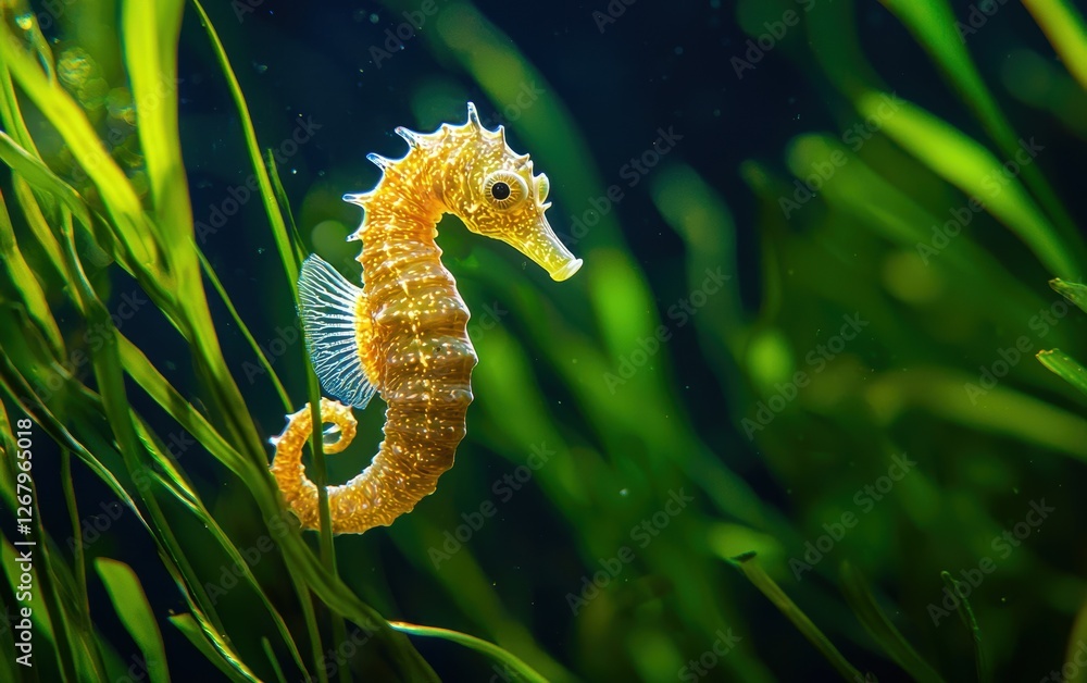 National Geographic Tiny Seahorse clinging to a strand of seagrass, its delicate body camouflaged perfectly against the underwater foliage National Geographic Tiny Seahorse clinging to a strand of seagrass, its delicate body camouflaged perfectly against the underwater foliage