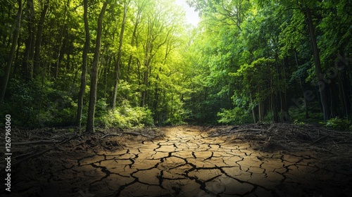 This image features a vivid contrast between a vibrant green forest canopy and the cracked, dry ground below, highlighting the stark realities of environmental degradation.