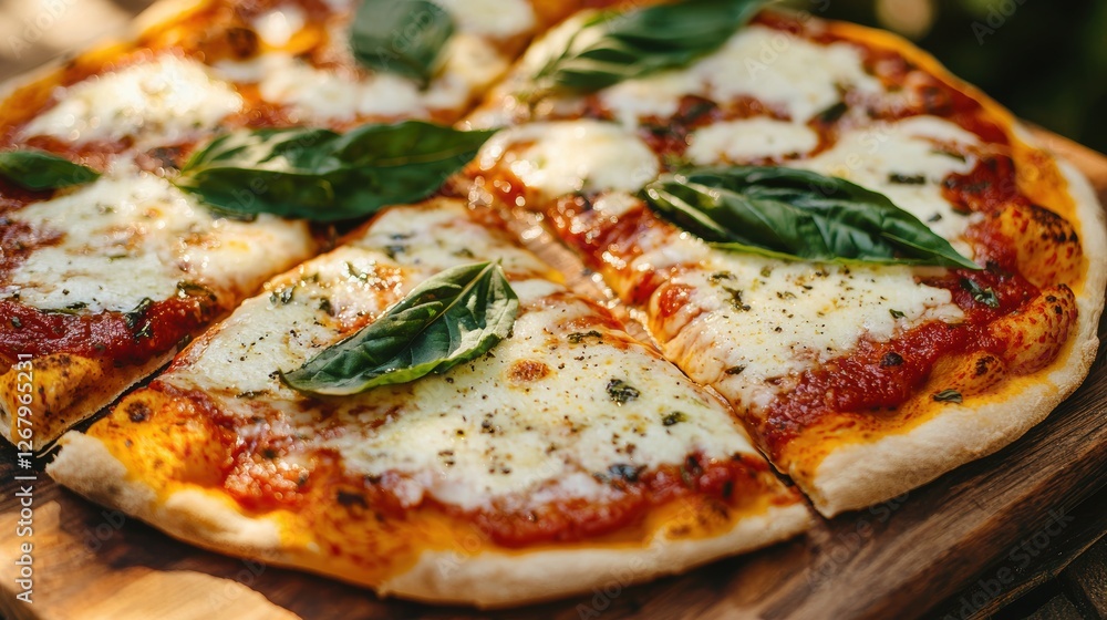 A freshly baked pizza with bubbling cheese and basil, served on a wooden board. A freshly baked pizza with bubbling cheese and basil, served on a wooden board.