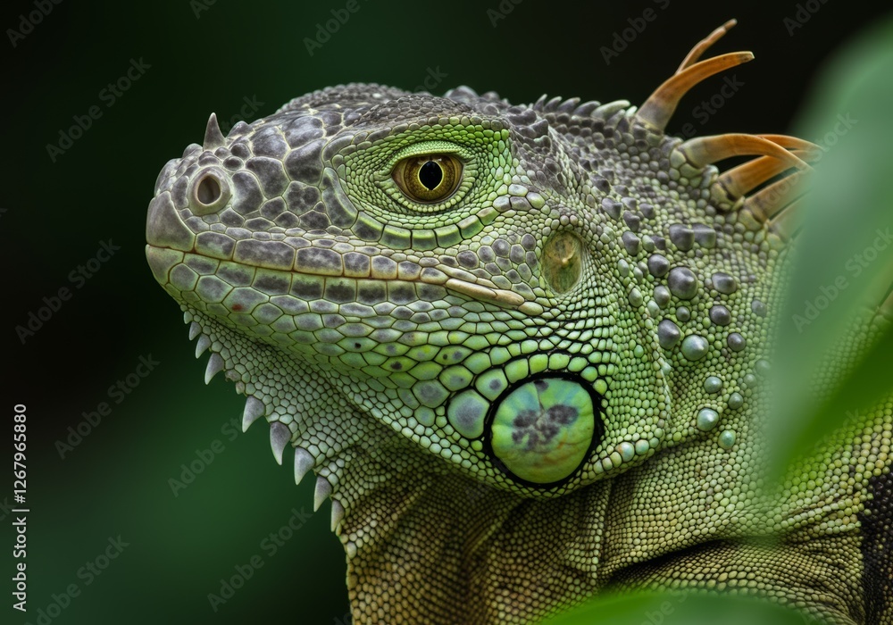 Fototapeta premium Close-up photograph of a green iguana with detailed scaly skin and a large, expressive eye, positioned with a blurred dark green background and soft natural lighting.