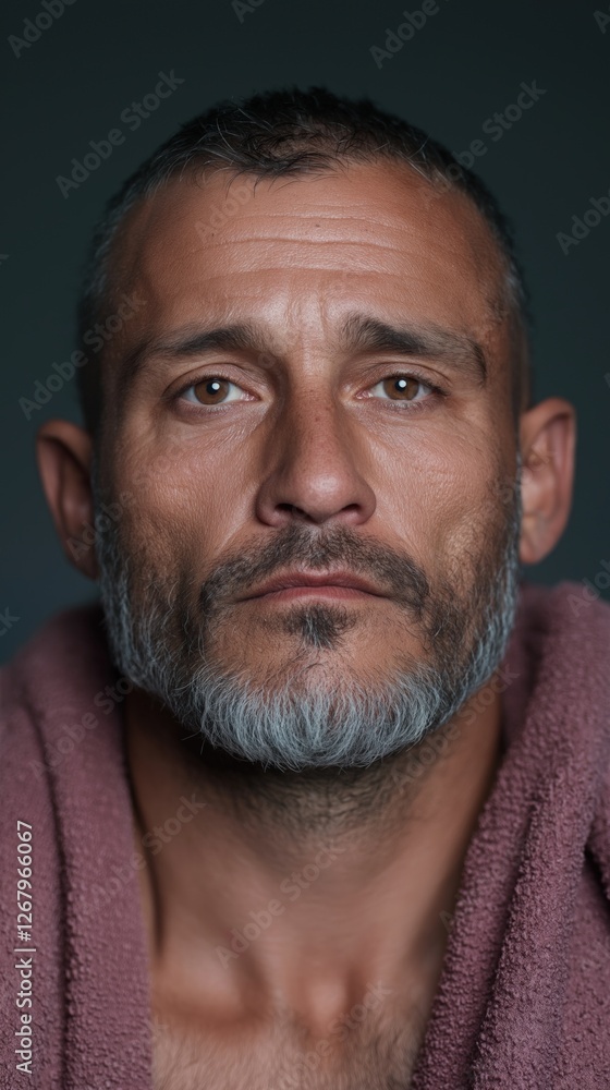 Middle Eastern man poses with a serious expression, highlighting his facial features and rugged charm in a studio environment Middle Eastern man poses with a serious expression, highlighting his facial features and rugged charm in a studio environment