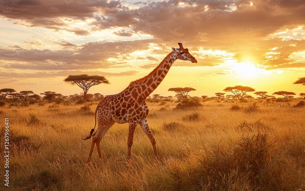 Obraz premium , National Geographic Towering Giraffe gracefully moving through golden African plains, acacia trees in the distance, warm sunset casting a glow