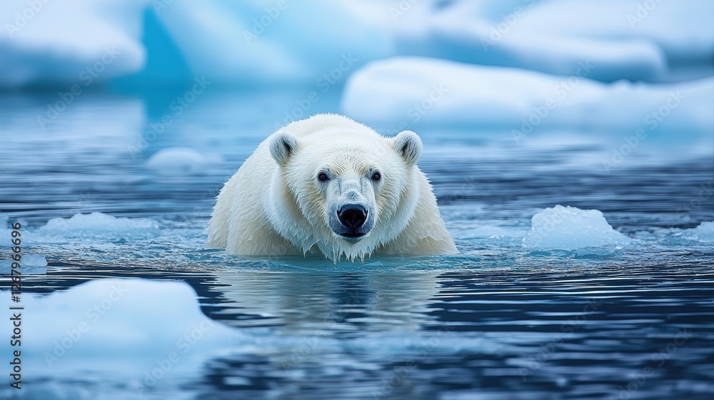 Naklejka premium Polar bear swimming through icy Arctic waters, small icebergs floating around.