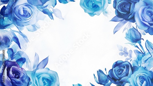 Elegant Watercolor Floral Frame with Deep Blue Roses and Soft Gradient Petals