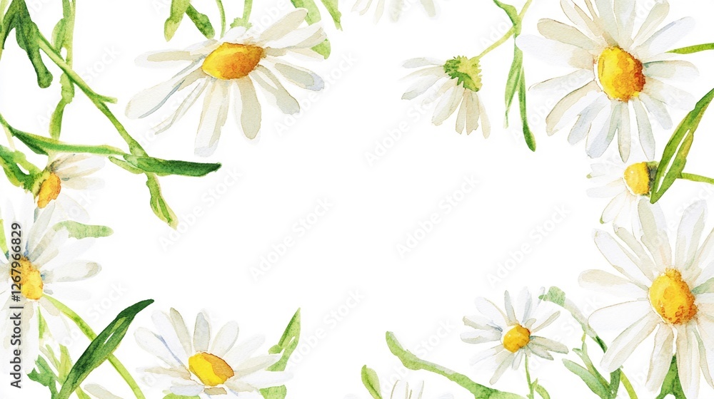 Fototapeta premium Cheerful Watercolor Floral Frame with Fresh White Daisies and Yellow Centers on Green Stems