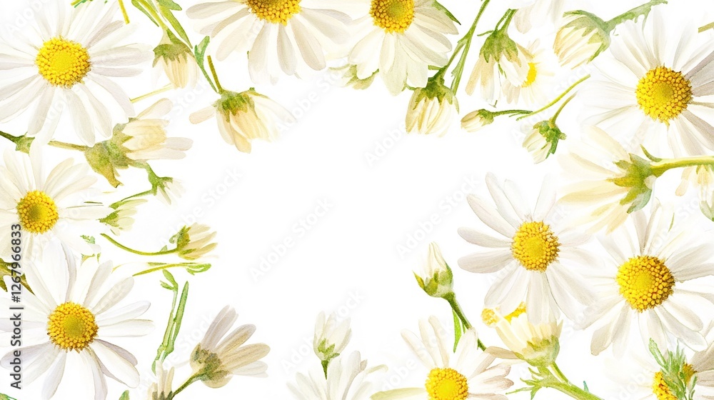 Obraz premium Cheerful Watercolor Floral Frame with White Daisies and Yellow Centers – Elegant Botanical Border Design