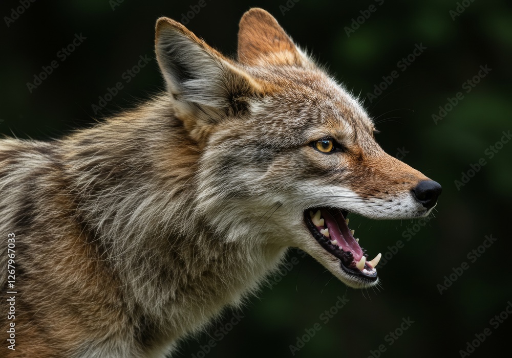 A coyote with its mouth open, sharp teeth visible, head turned to the side, in a dark green background with natural lighting.
A coyote with its mouth open, sharp teeth visible, head turned to the side, in a dark green background with natural lighting.