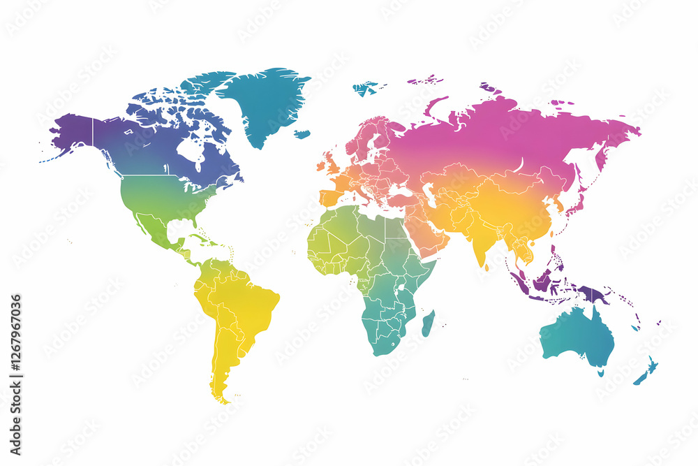 Fototapeta premium Bright and colorful stylized world map showcasing diverse countries and regions with artistic flair in a vibrant clipart design