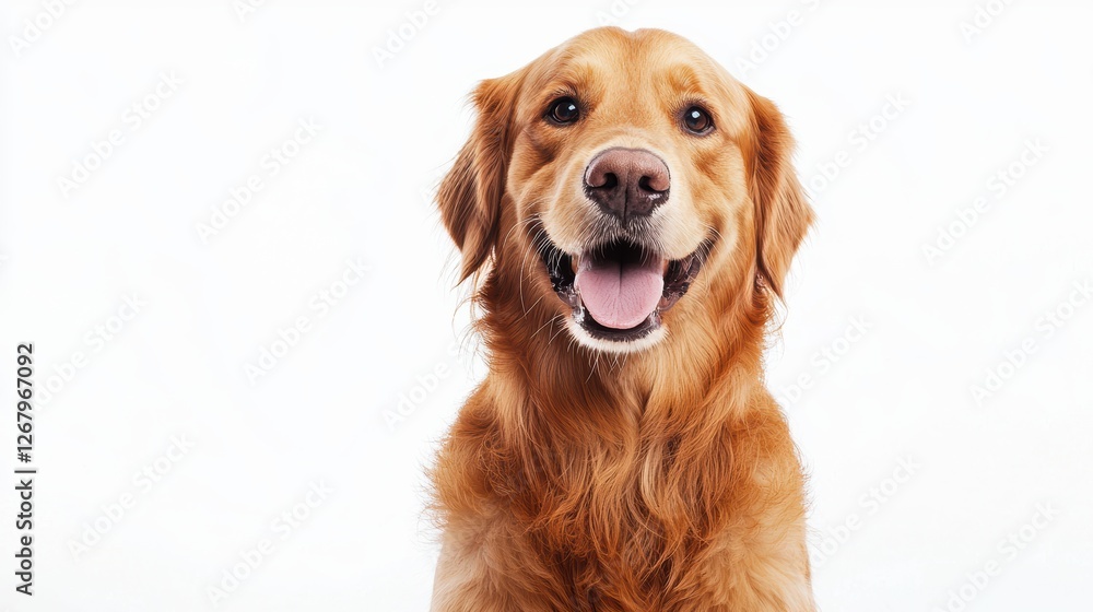 Fototapeta premium Playful golden retriever with a happy expression sitting on a bright white background.