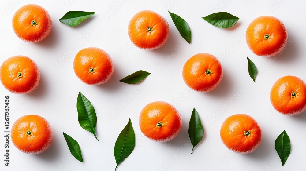 Flat lay of fresh oranges and green leaves on a white background. Vibrant colors and healthy vibes! Flat lay of fresh oranges and green leaves on a white background. Vibrant colors and healthy vibes!