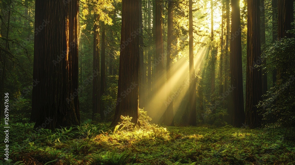Obraz premium Towering redwood forest with sunlight piercing through the dense canopy, illuminating the mossy forest floor.