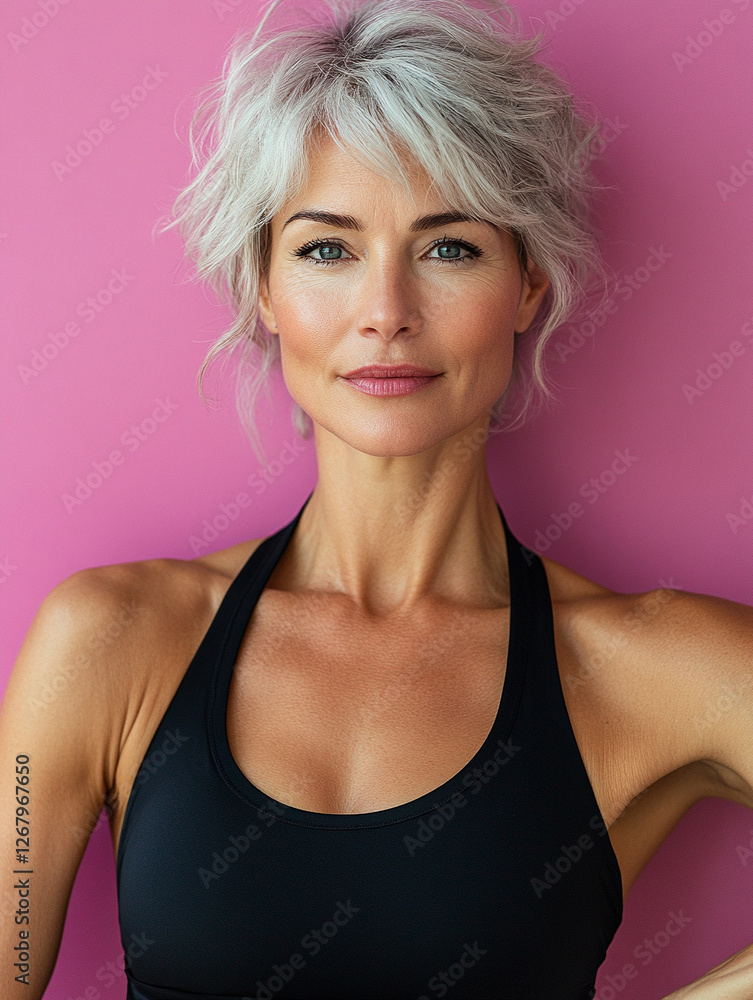 Fototapeta premium Woman with short silver hair poses against pink background