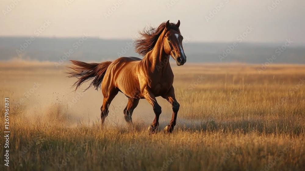 Wild horse galloping across an open prairie, its mane flowing in the wind. Wild horse galloping across an open prairie, its mane flowing in the wind.