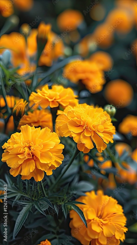 Bright yellow marigolds in a lush garden setting