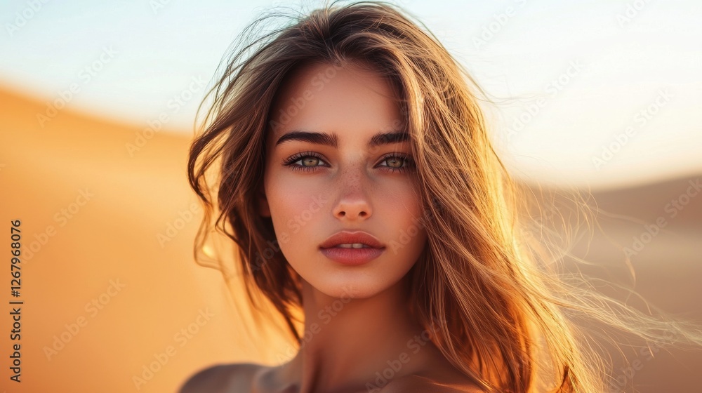 , Woman with piercing hazel eyes standing in the middle of a desert, golden sand dunes stretching behind her. , Woman with piercing hazel eyes standing in the middle of a desert, golden sand dunes stretching behind her.