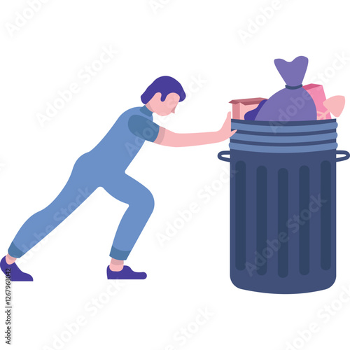 Man pushing garbage trash bin vector icon