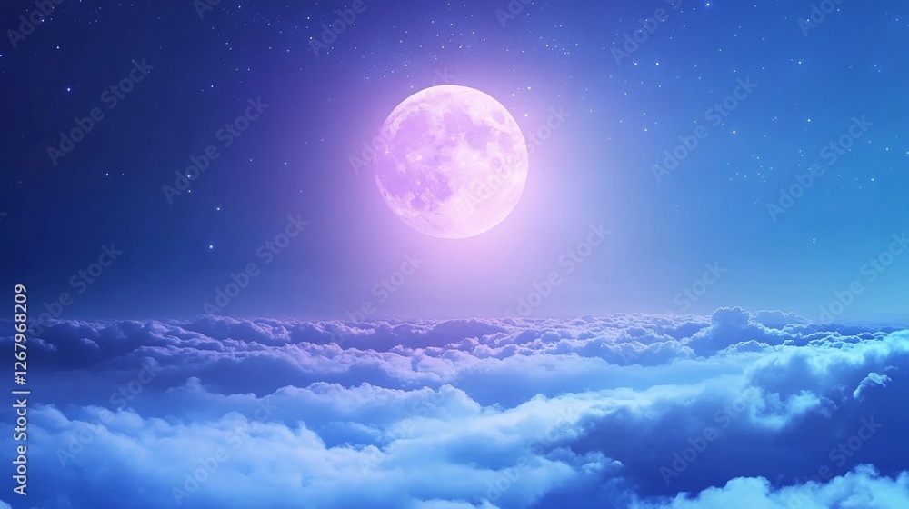 Fototapeta premium Luminous Full Moon in a Starry Night Sky with Dreamy Clouds and Ethereal Light Rays