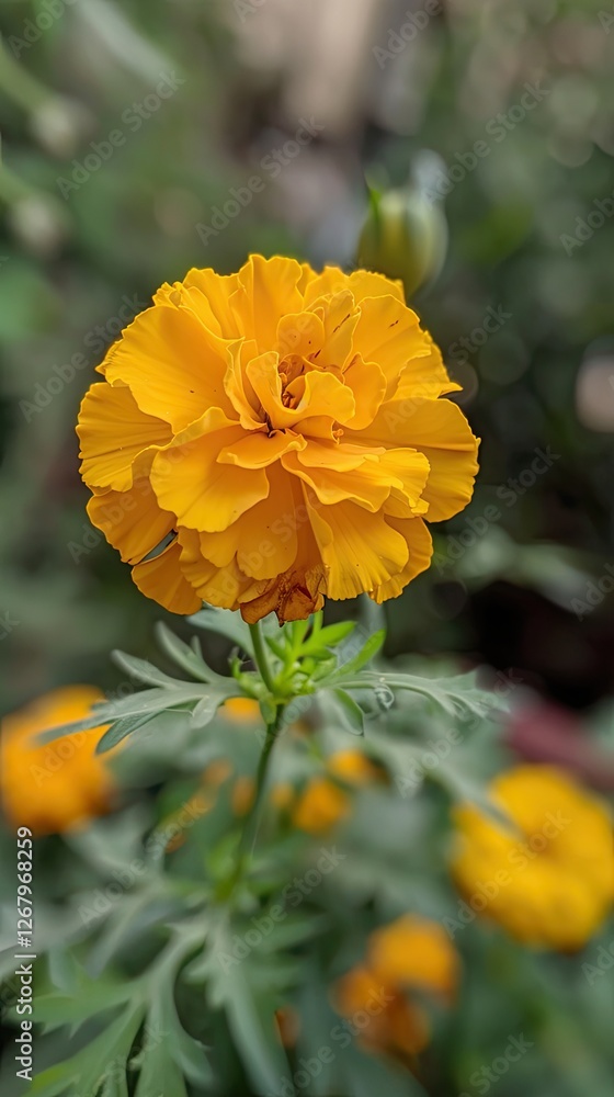 Fototapeta premium Single yellow marigold flower in sharp focus