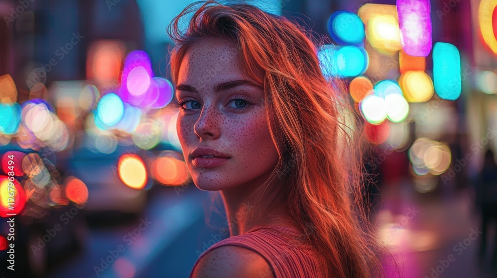 , Young woman with freckles standing on a busy city street with blurred neon lights behind her. , Young woman with freckles standing on a busy city street with blurred neon lights behind her.