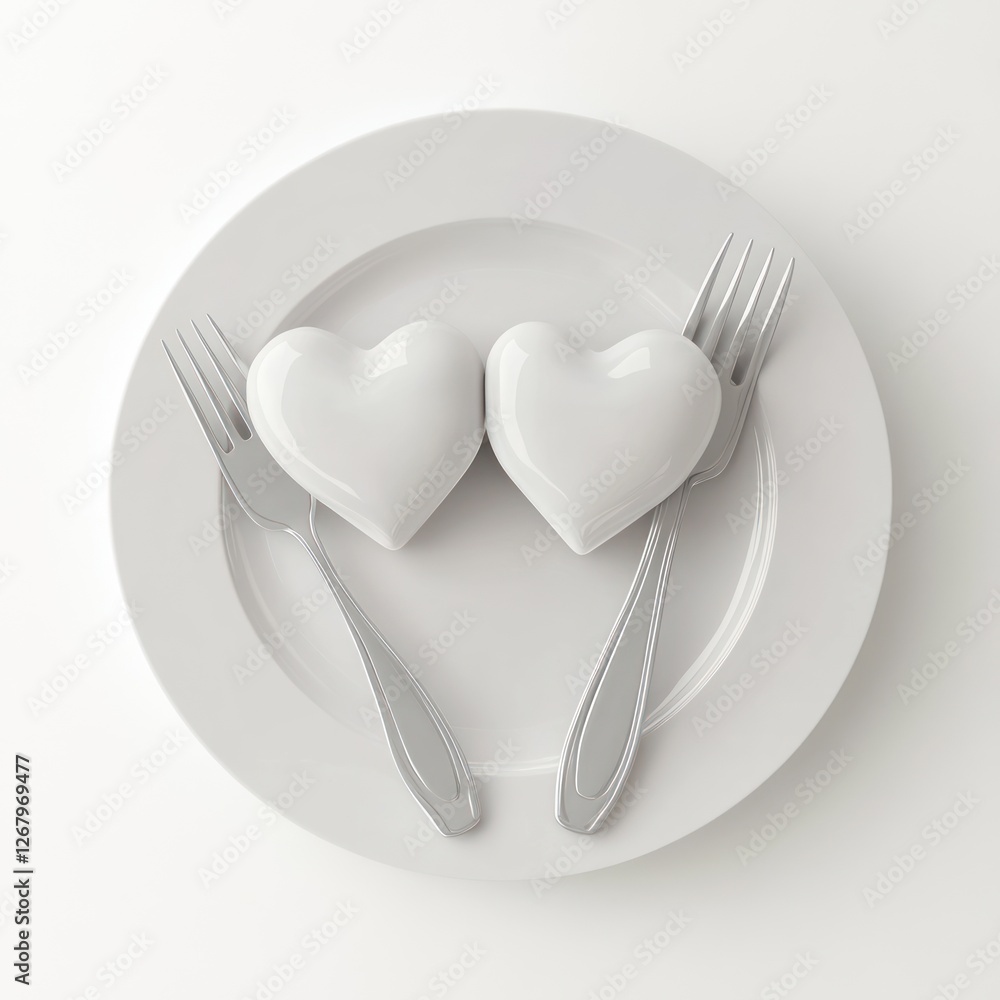 Two white hearts on a plate, ready to be eaten, minimalist food art Two white hearts on a plate, ready to be eaten, minimalist food art