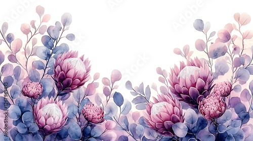 Purple protea, eucalyptus border, watercolor, wedding invitation design