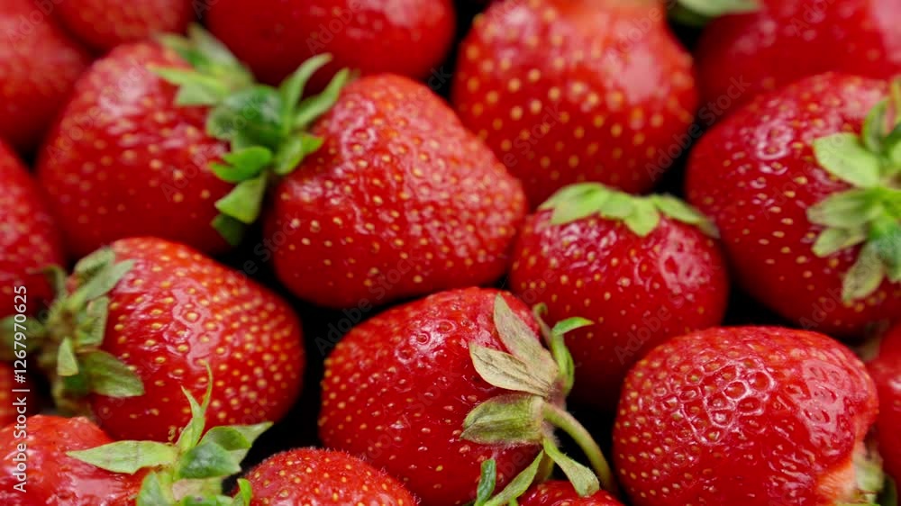 Sweet red berries rotating. Pile of fresh strawberries. Red fresh strawberry. Delicious summer berries. Strawberry rotates. Close-up in 4K, UHD Sweet red berries rotating. Pile of fresh strawberries. Red fresh strawberry. Delicious summer berries. Strawberry rotates. Close-up in 4K, UHD