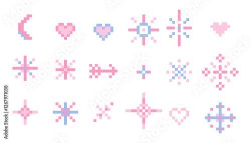 Pixel star sparkle cute retro 8 bit sparkle set. Shiny pink game pixel art effect set. Firework burst, arrow, space decoration. 90s aesthetics, y2k 