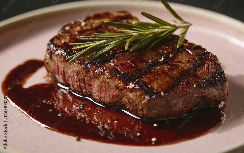 Seared steak with rosemary sprigs and glossy sauce motion on a pastel plate Seared steak with rosemary sprigs and glossy sauce motion on a pastel plate