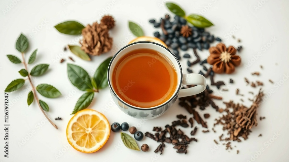 Creative layout made of cup of tea green tea black tea fruit and herbal tea on white background Flat Creative layout made of cup of tea green tea black tea fruit and herbal tea on white background Flat