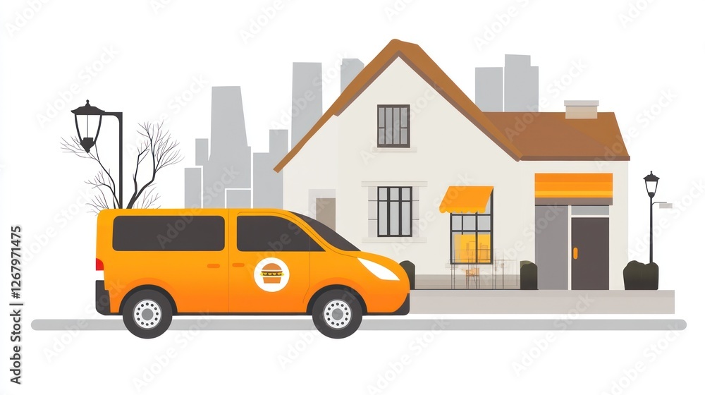 Naklejka premium Orange delivery van parked outside a burger restaurant