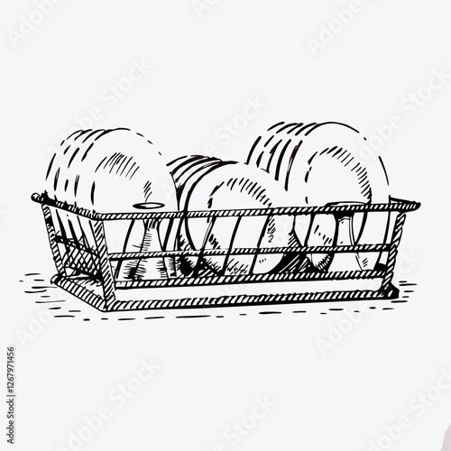 Line drawing of clean dishes in drying rack. Concepts: kitchen cleanup, post-meal hygiene, dishwashing, organization, home maintenance.