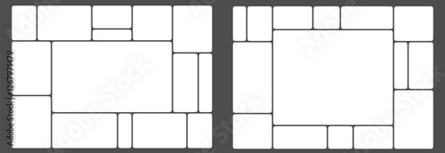 White grid template bento box ui. Photo frame collage layout design. Puzzle mosaic blocks for picture gallery page. Light mood board mockup horizontal banner. Flat y2k dashboard presentation slide